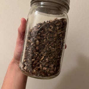 May include: A clear glass mason jar with a silver lid, filled with chopped, brown, bark-like material. The jar is held by a person.