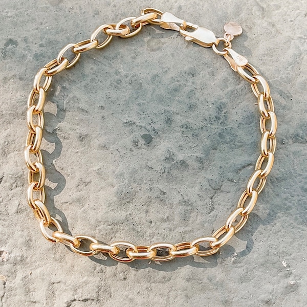 Solid Gold Link Bracelet | Elongated Rolo Chain Bracelet | Elongated Link Bracelet | Freya Bracelet