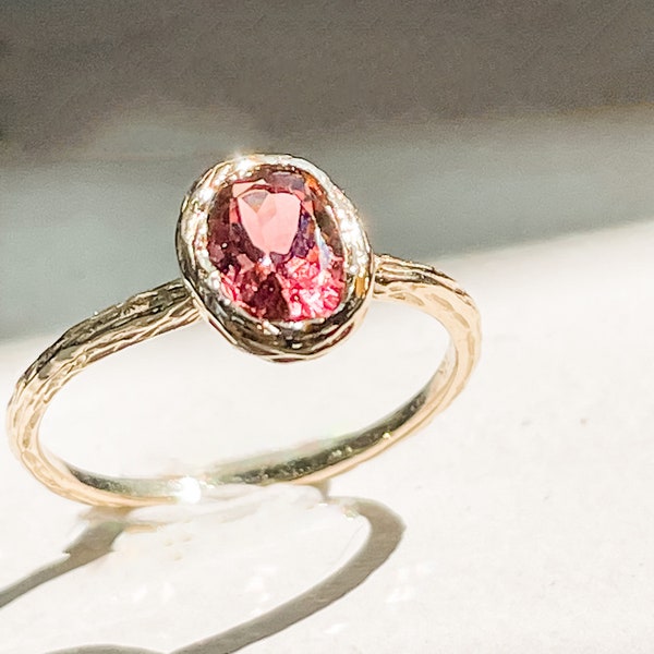 14k Hand Carved Pink Tourmaline Ring | Pink Tourmaline Ring in Handmade Oval Bezel Setting | The Tara Ring