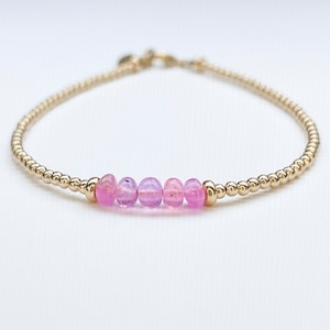 The September Bracelet | Pink Sapphire and Pure 14k Gold Round Bead Bracelet | September Birthstone | Pink Sapphire