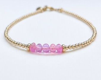 The September Bracelet | Pink Sapphire and Pure 14k Gold Round Bead Bracelet | September Birthstone | Pink Sapphire