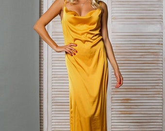 mustard silk slip dress