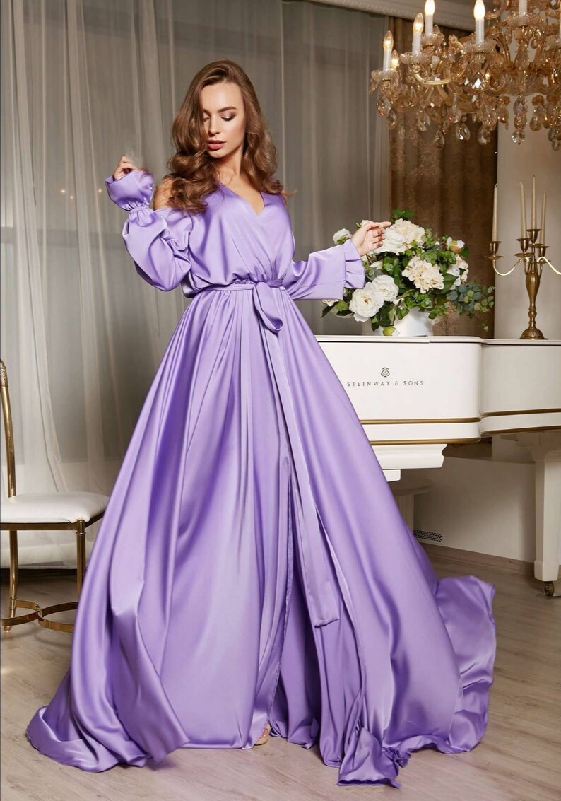 Lavender silk satin Aline cold shoulder maxi wrap dress/ Etsy