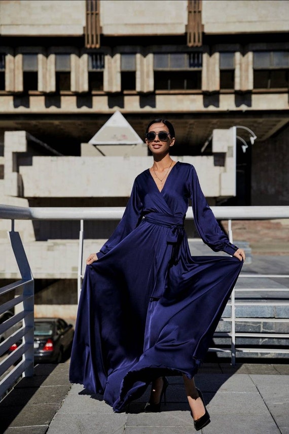 navy satin long sleeve dress