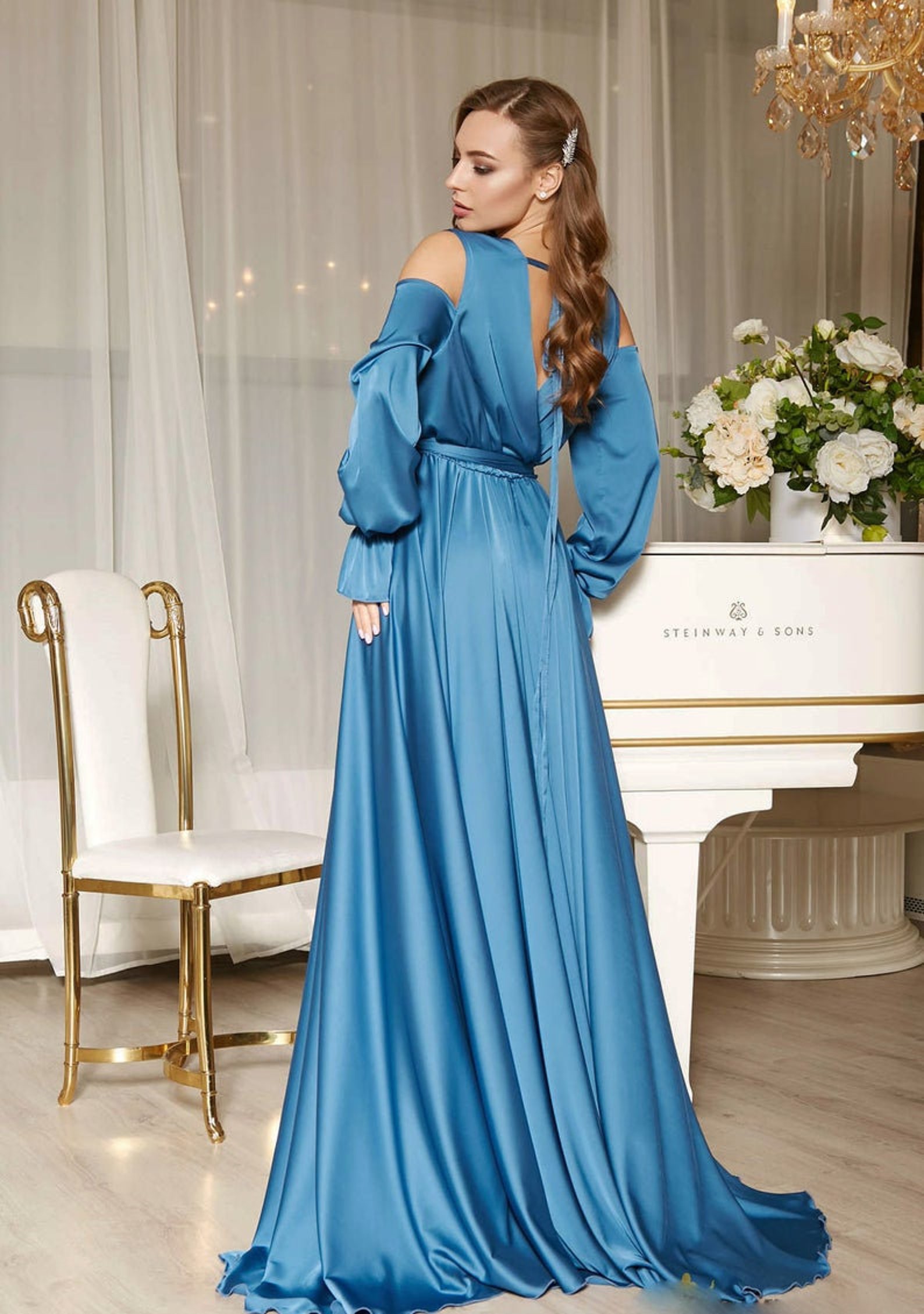 Sapphire Silk Satin A-line Cold Shoulder Maxi Wrap Dress/ | Etsy