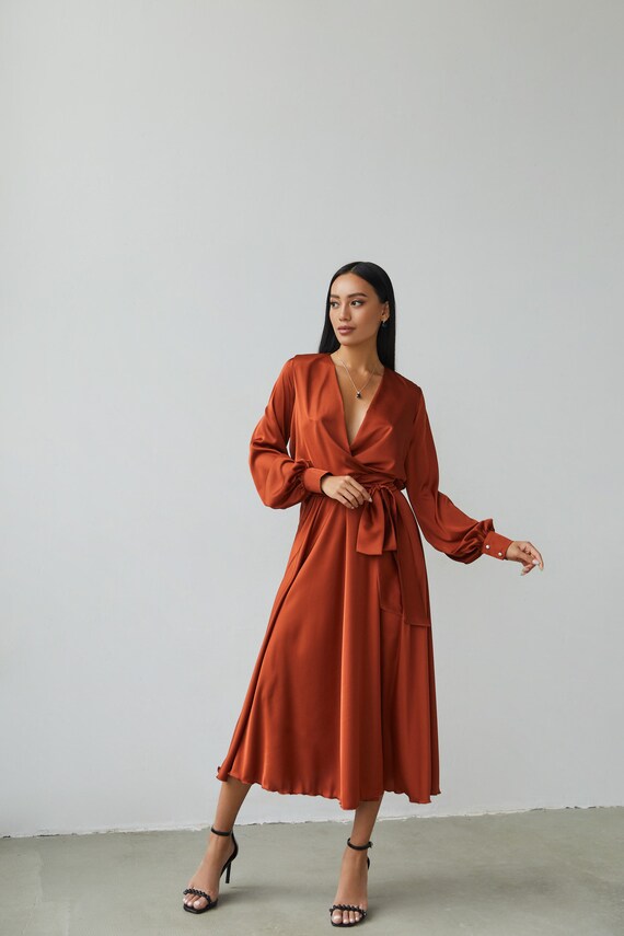 rust satin wrap dress