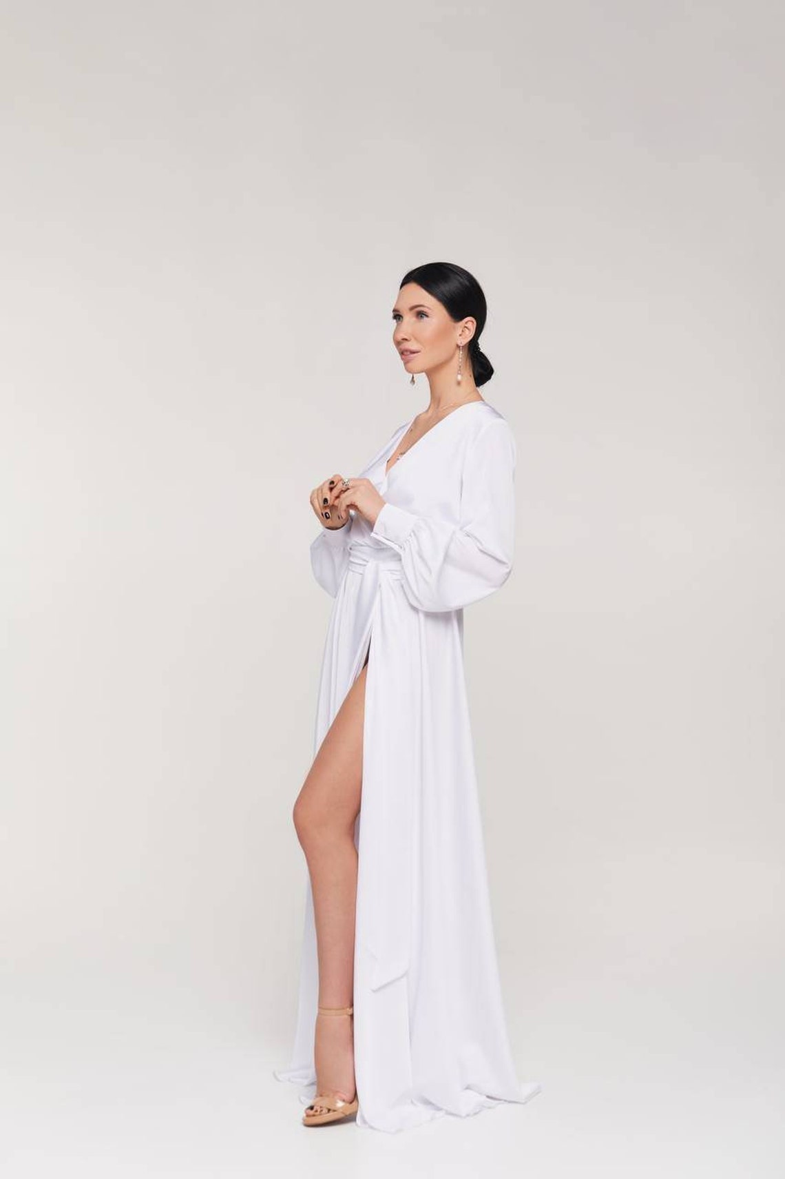 White silk satin A-line long sleeve maxi wrap dress/simple | Etsy