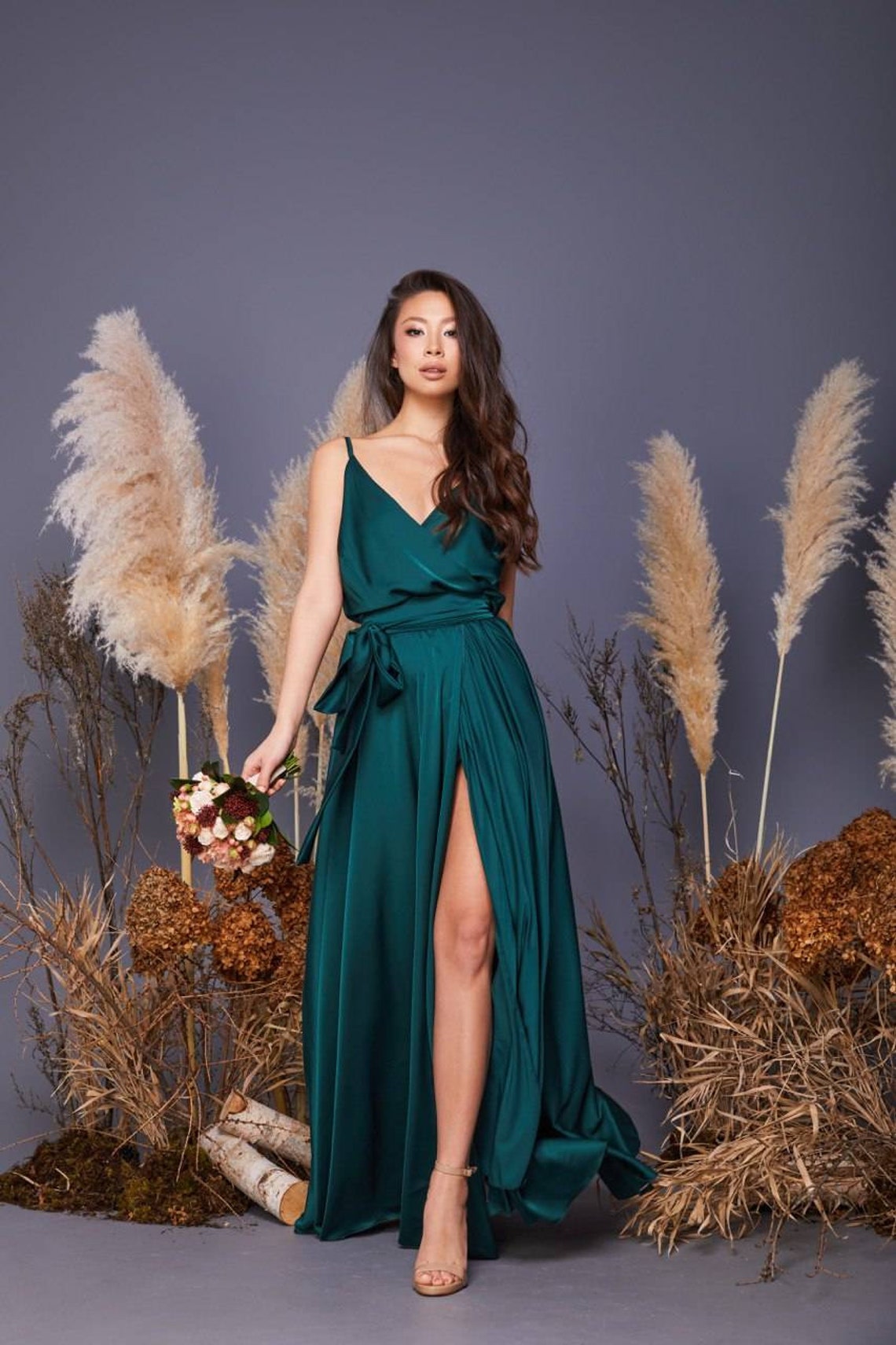 Dark emerald bridesmaid dress/wedding guest dress/silk long Etsy