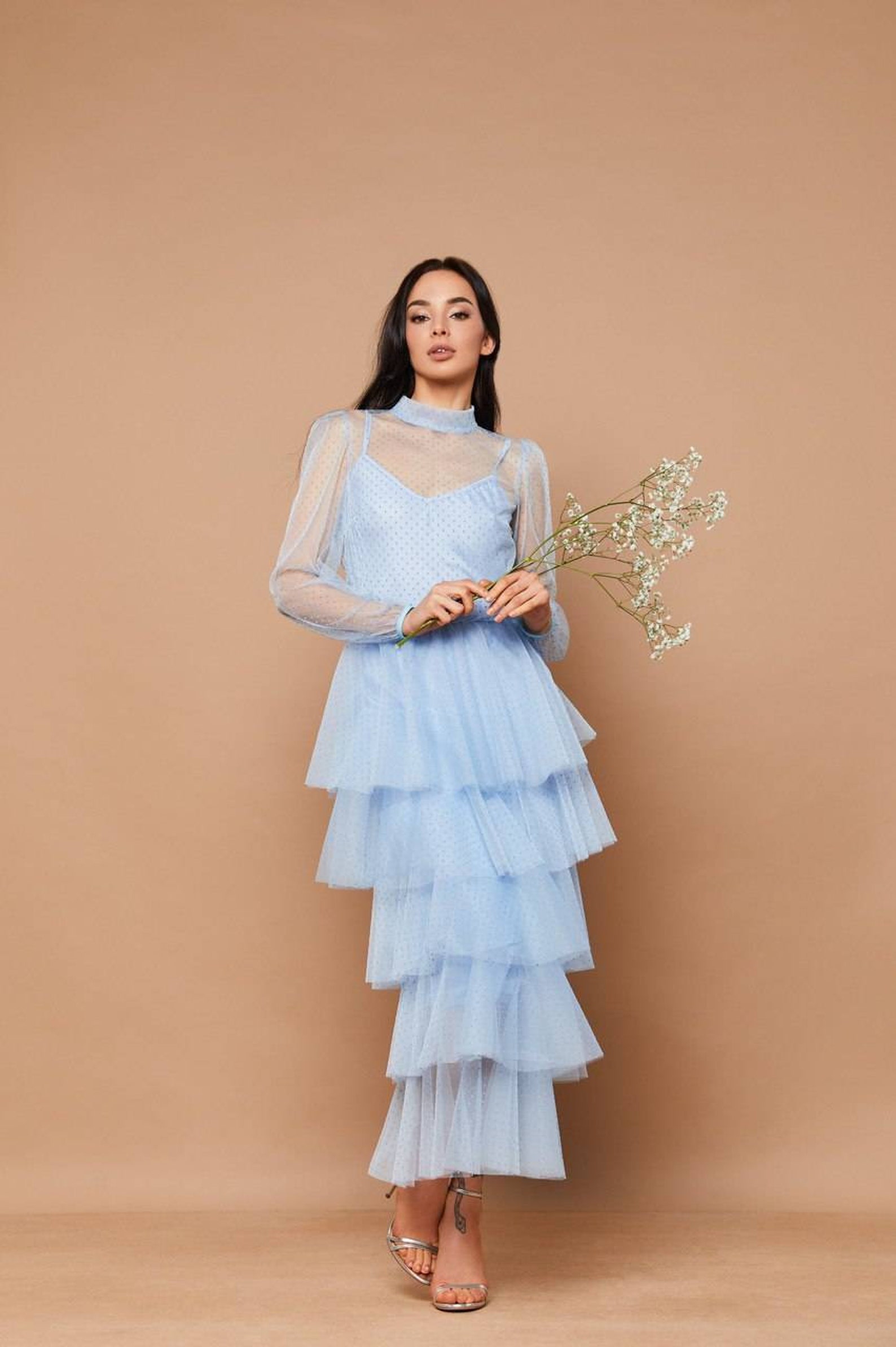 Light blue ruffles layered maxi dress/ prom gown/ formal gown/ Etsy