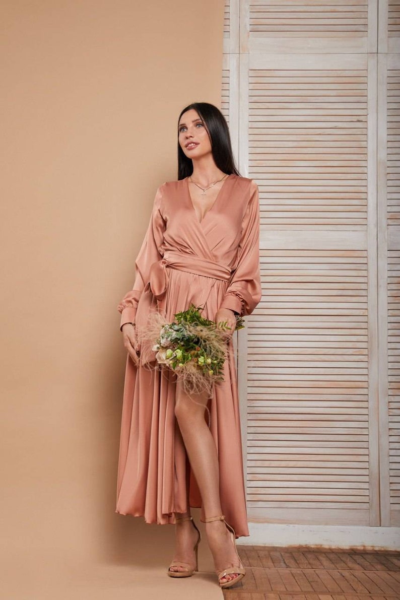 Coral midi silk wrap dresssatin midi wrap dresswedding guest dresslong sleeve dressminimalist dressevening dressmidi bridesmaid dress