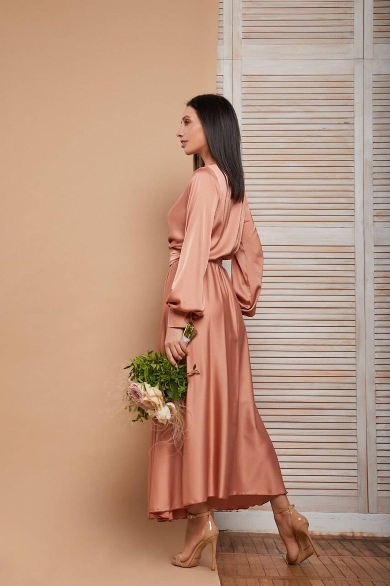 Coral midi silk wrap dresssatin midi wrap dresswedding guest dresslong sleeve dressminimalist dressevening dressmidi bridesmaid dress
