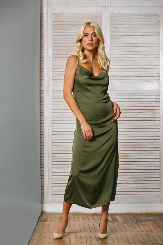 olive green silk slip dress