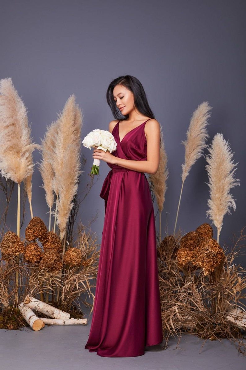 Burgundy silk A-line maxi wrap dresswedding guest dressbridesmaid dressevening dressformal dressburgundy dressgarden wedding dress