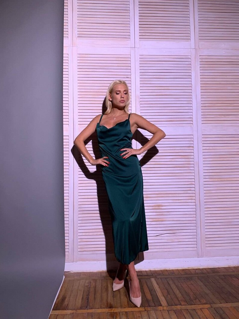 Emerald cami midi slip dresssilk midi dressbridesmaid dresscowl neck dresswedding guest dressminimalist dressformal dresssleeveless