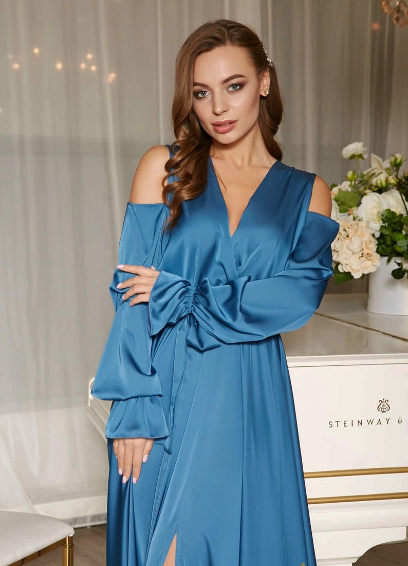 Sapphire silk satin A-line cold shoulder maxi wrap dress/ | Etsy