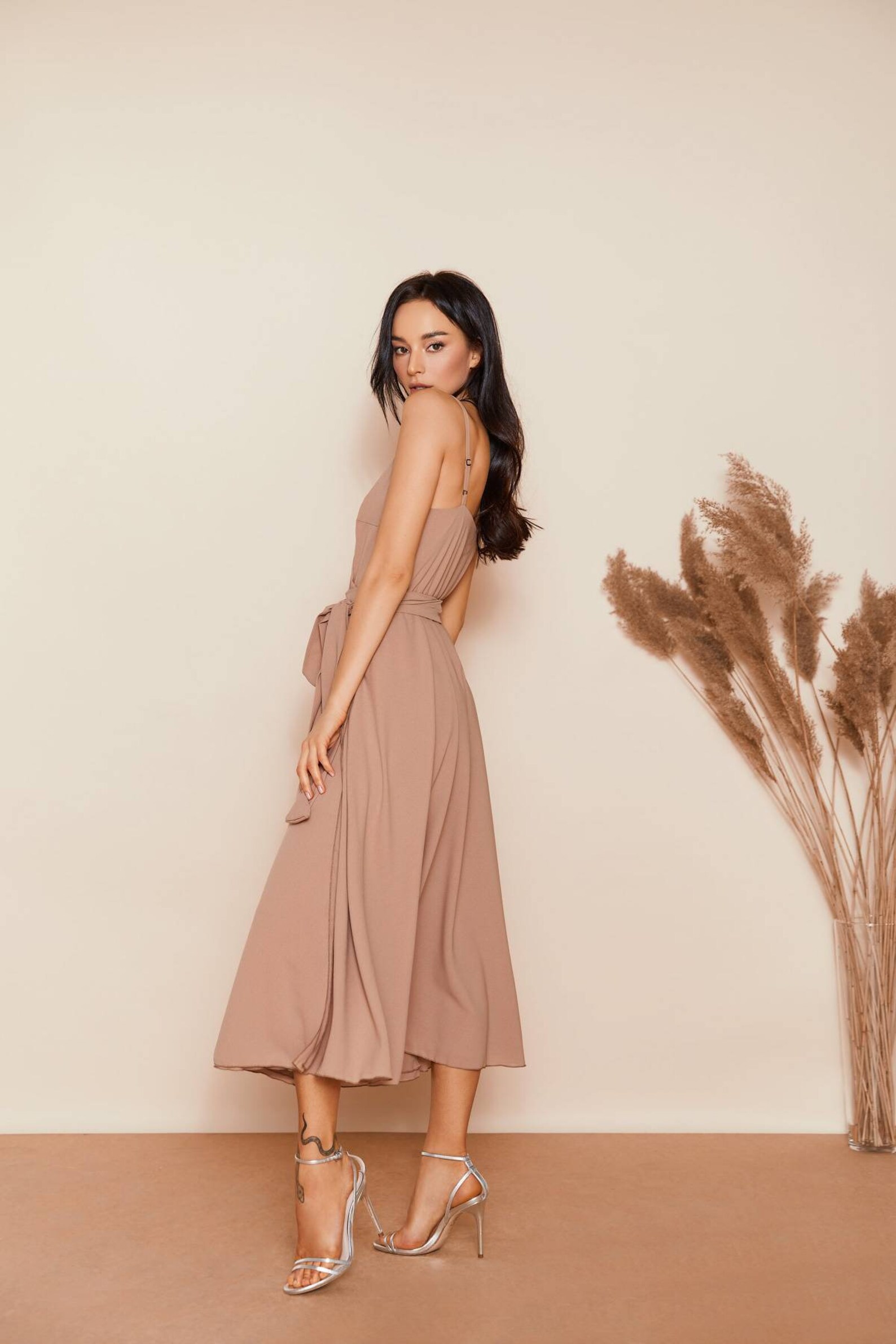 Beige Chiffon Midi Dress/wedding Guest Dress/minimalist Etsy