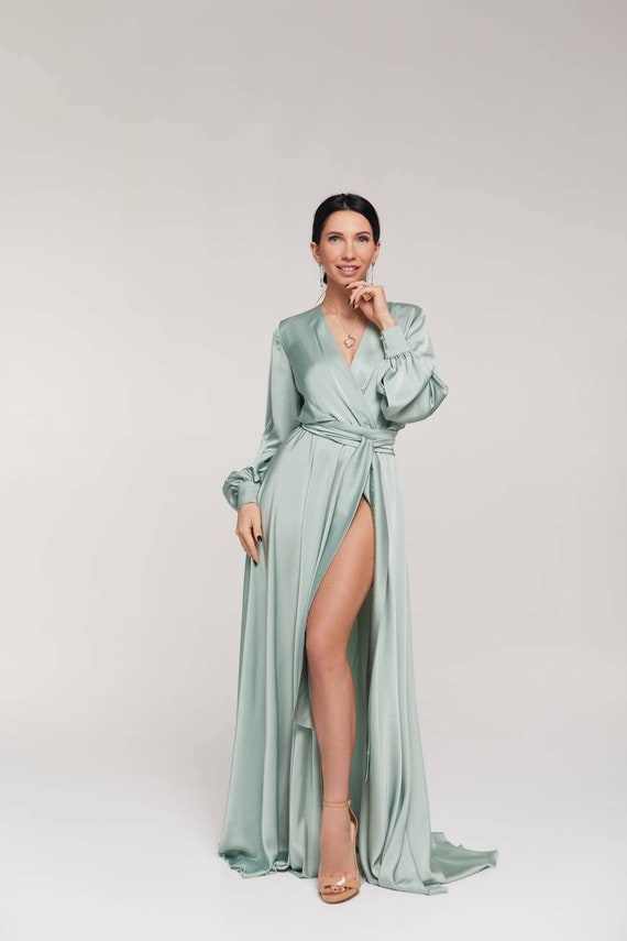 Sage green A-line wrap maxi dress/bridesmaid dress/wedding | Etsy