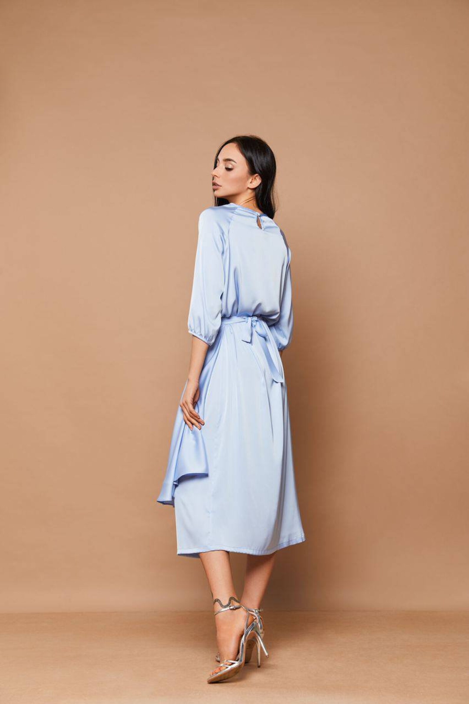 Light Blue Silk Satin Midi Dress/wedding Guest Dress/mother of | Etsy