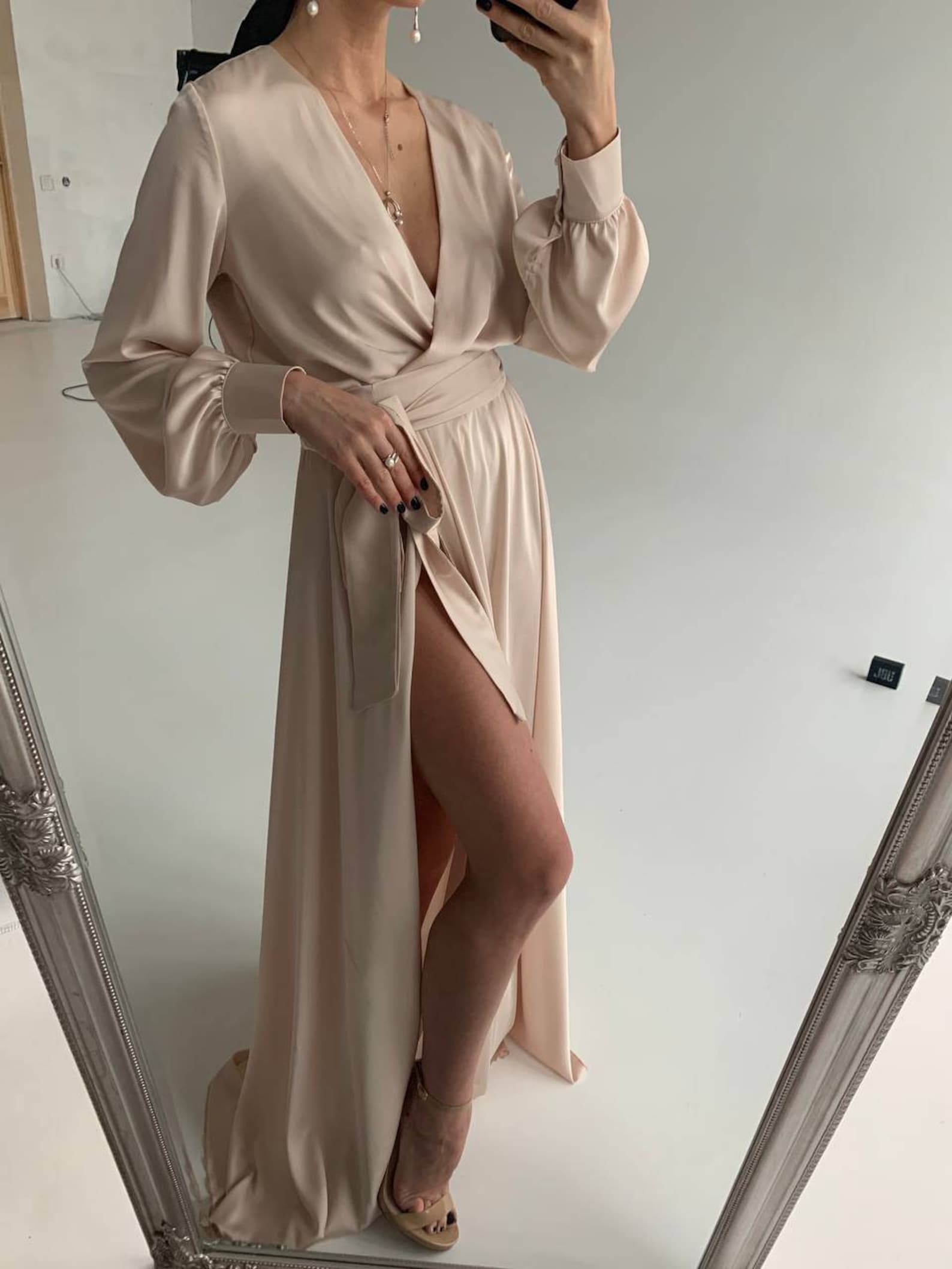 Plus Champagne Satin Wrap Shift Dress | PrettyLittleThing