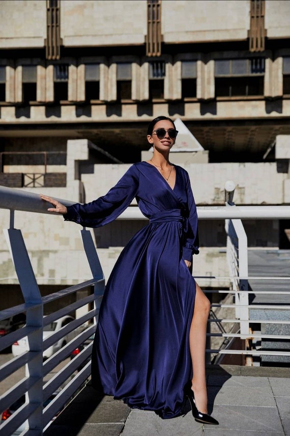 navy satin long sleeve dress