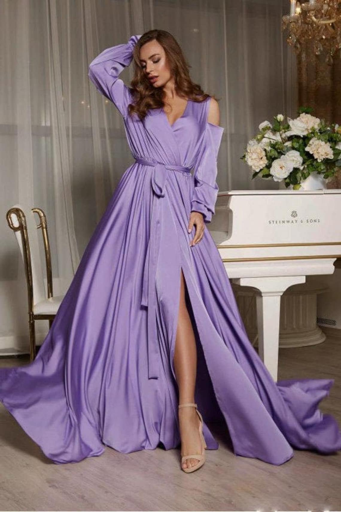 Lavender silk satin A-line cold shoulder maxi wrap dress/ | Etsy