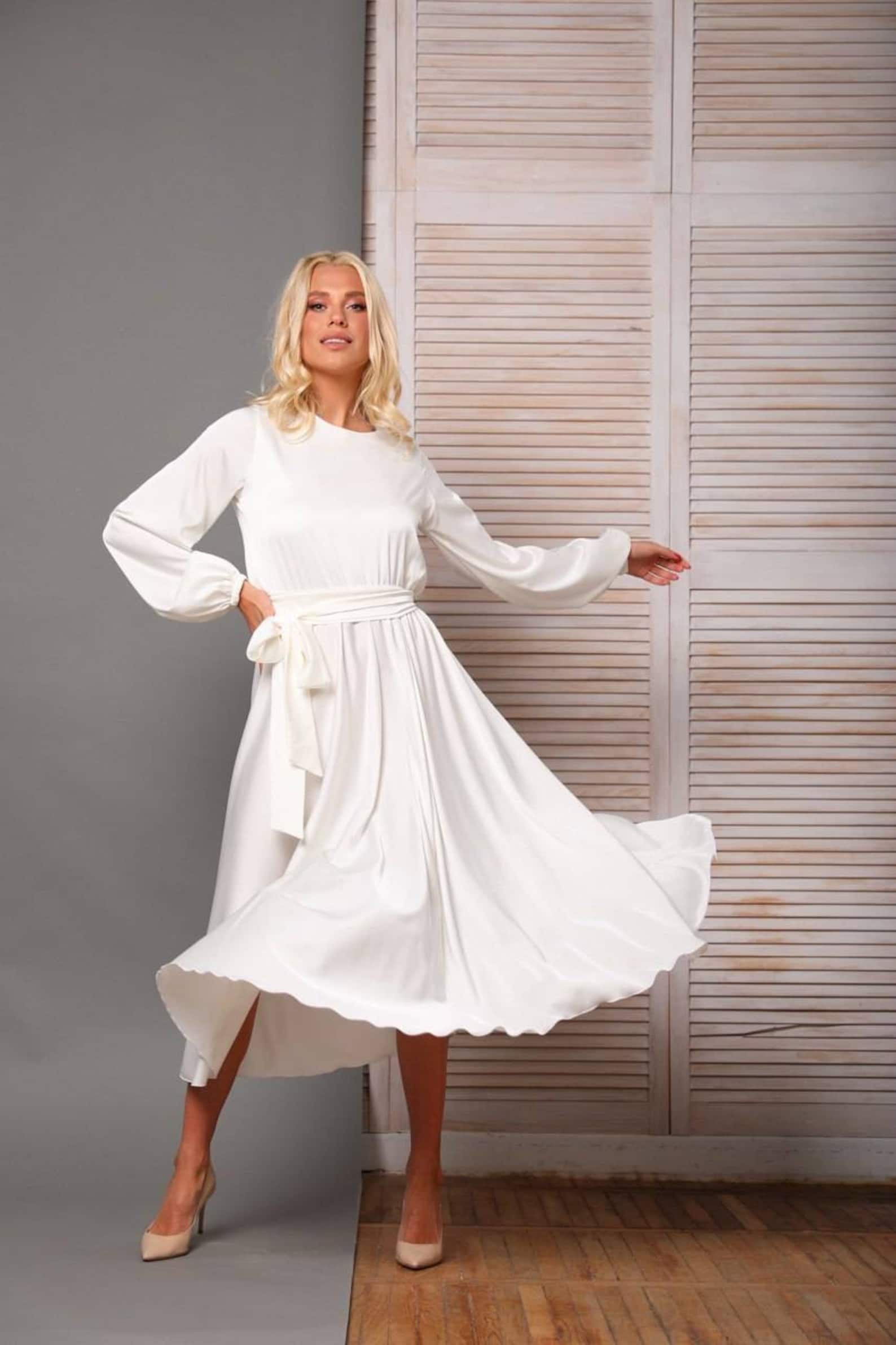 White silk midi wedding dress/long sleeve dress/minimalist | Etsy