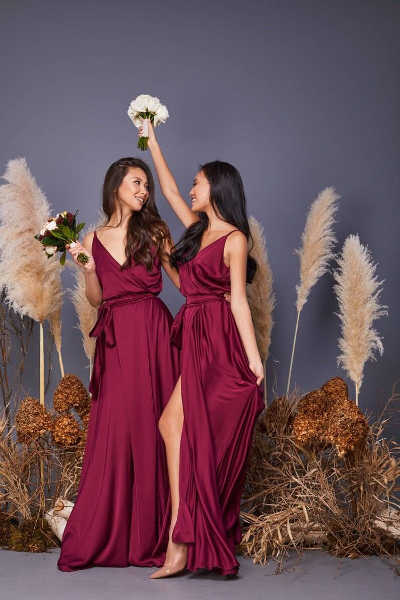 Burgundy silk A-line maxi wrap dresswedding guest dressbridesmaid dressevening dressformal dressburgundy dressgarden wedding dress