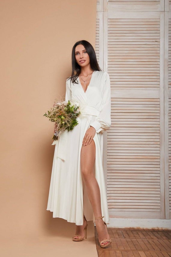 white silk wrap dress
