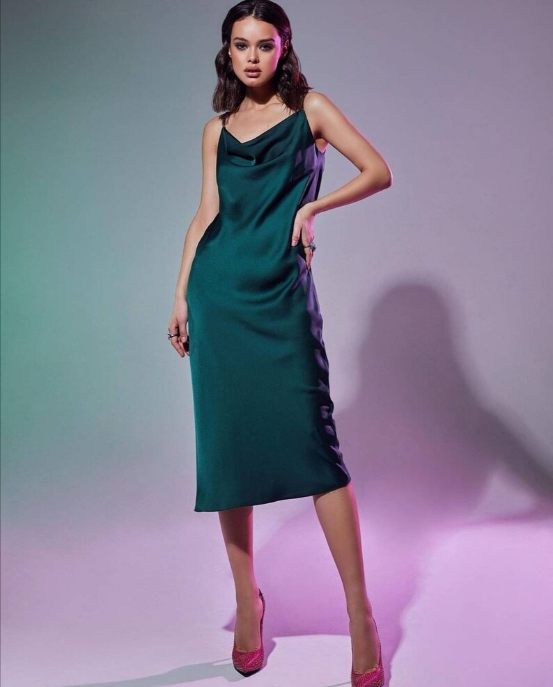 Emerald cami midi slip dresssilk midi dressbridesmaid dresscowl neck dresswedding guest dressminimalist dressformal dresssleeveless