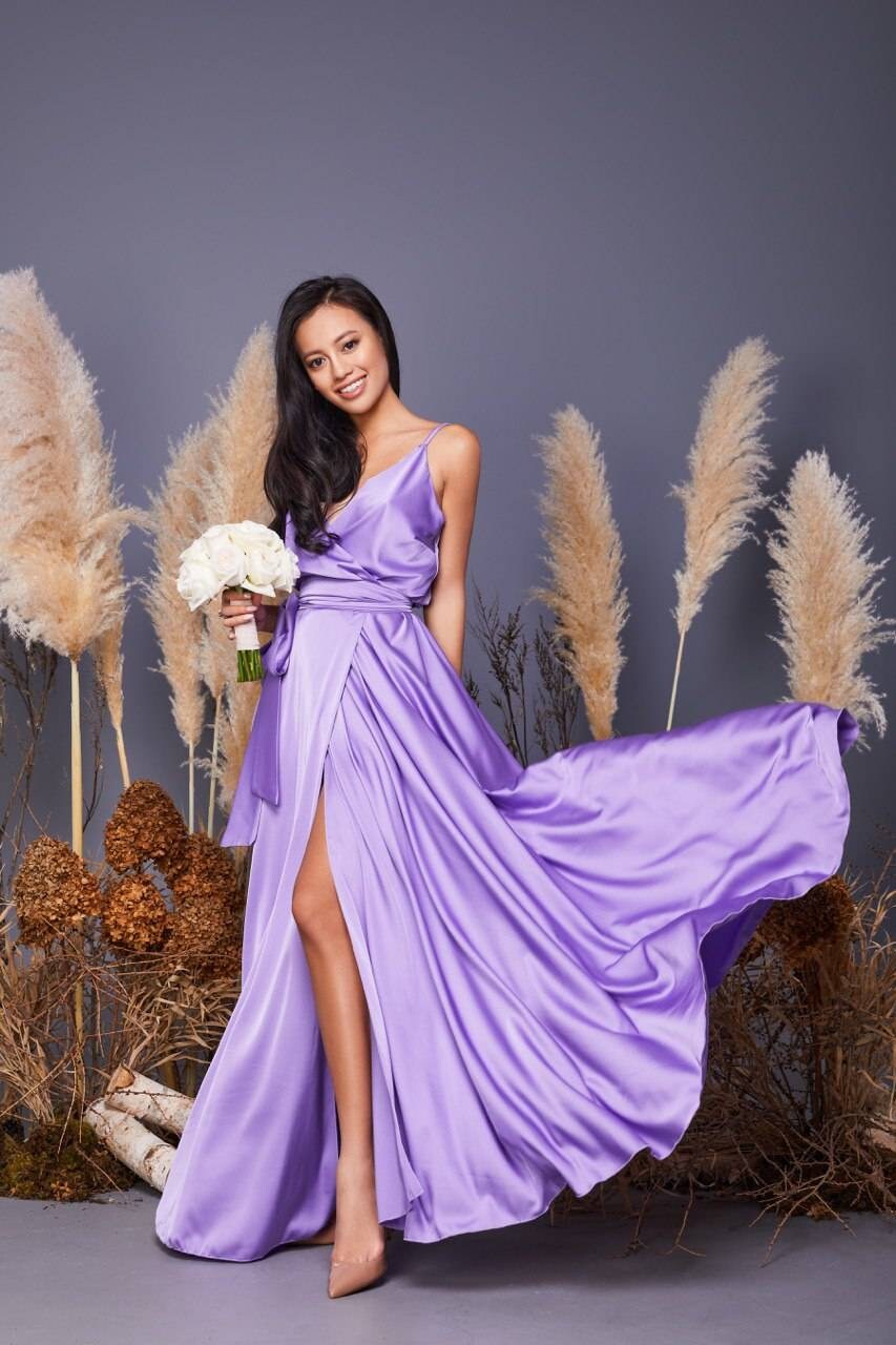 Lavender bridesmaid dress/silk long maxi wrap dress/satin long Etsy
