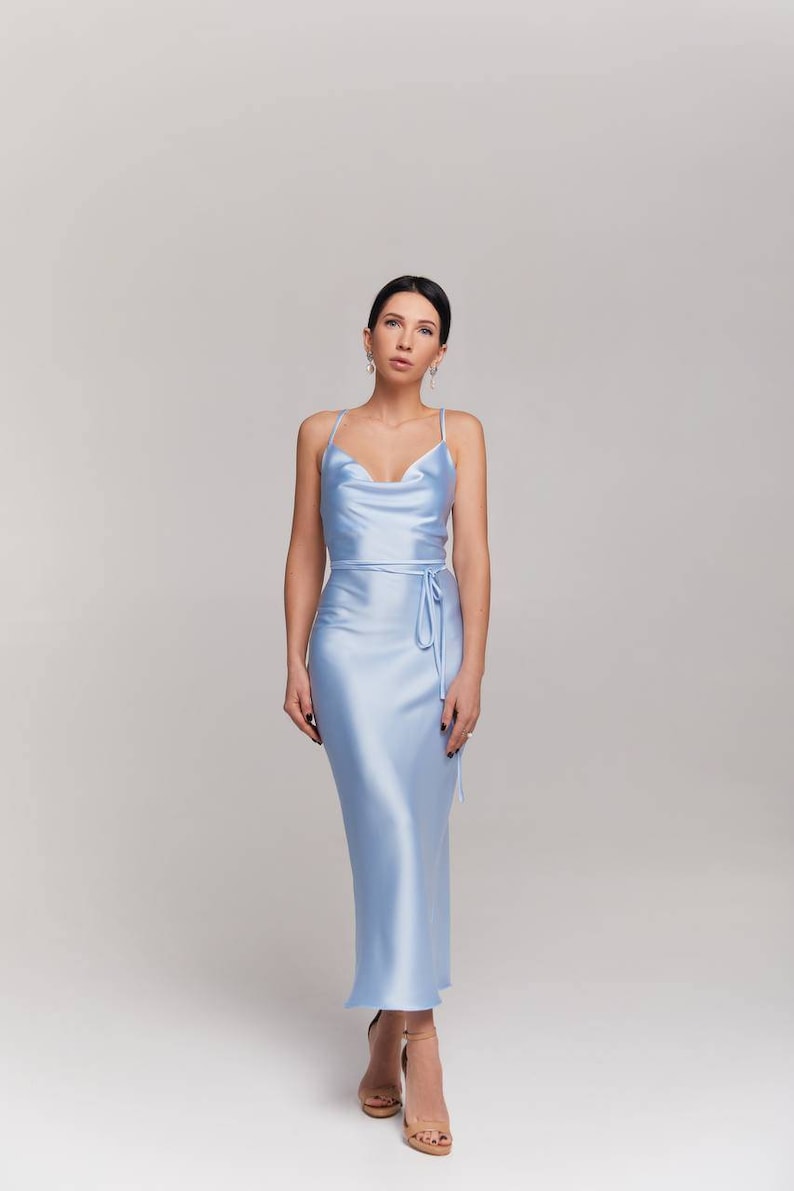 Light blue silk satin cowl neck midi slip dress/bridesmaid Etsy