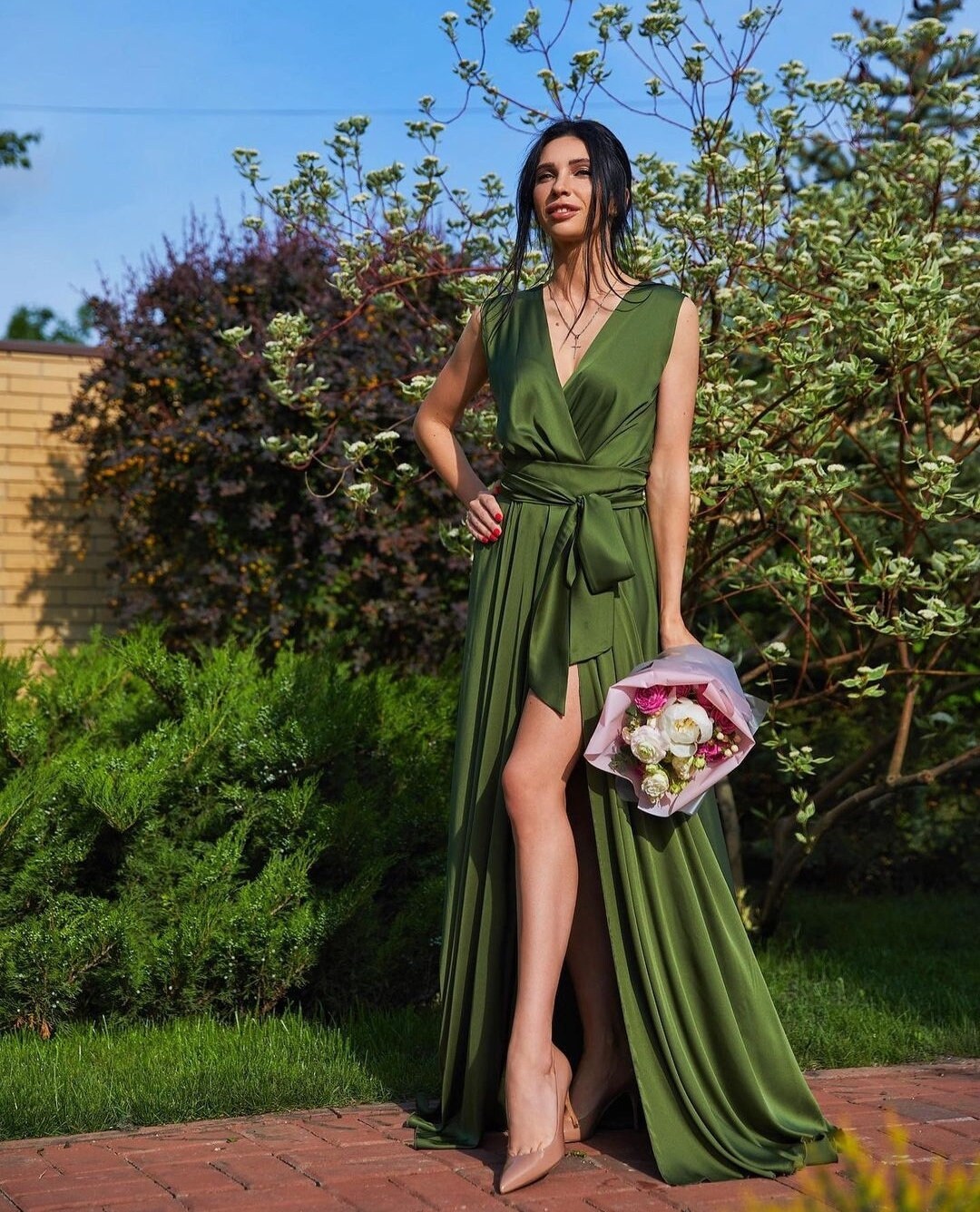 Olive silk satin A-line maxi wrap dress/ bridesmaid dress/ | Etsy