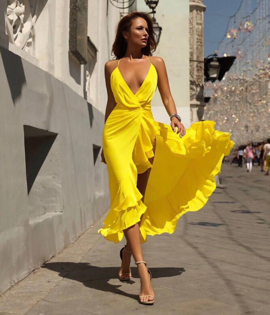 Yellow silk satin ruffles wrap dress/ midi assymetric dress/ | Etsy