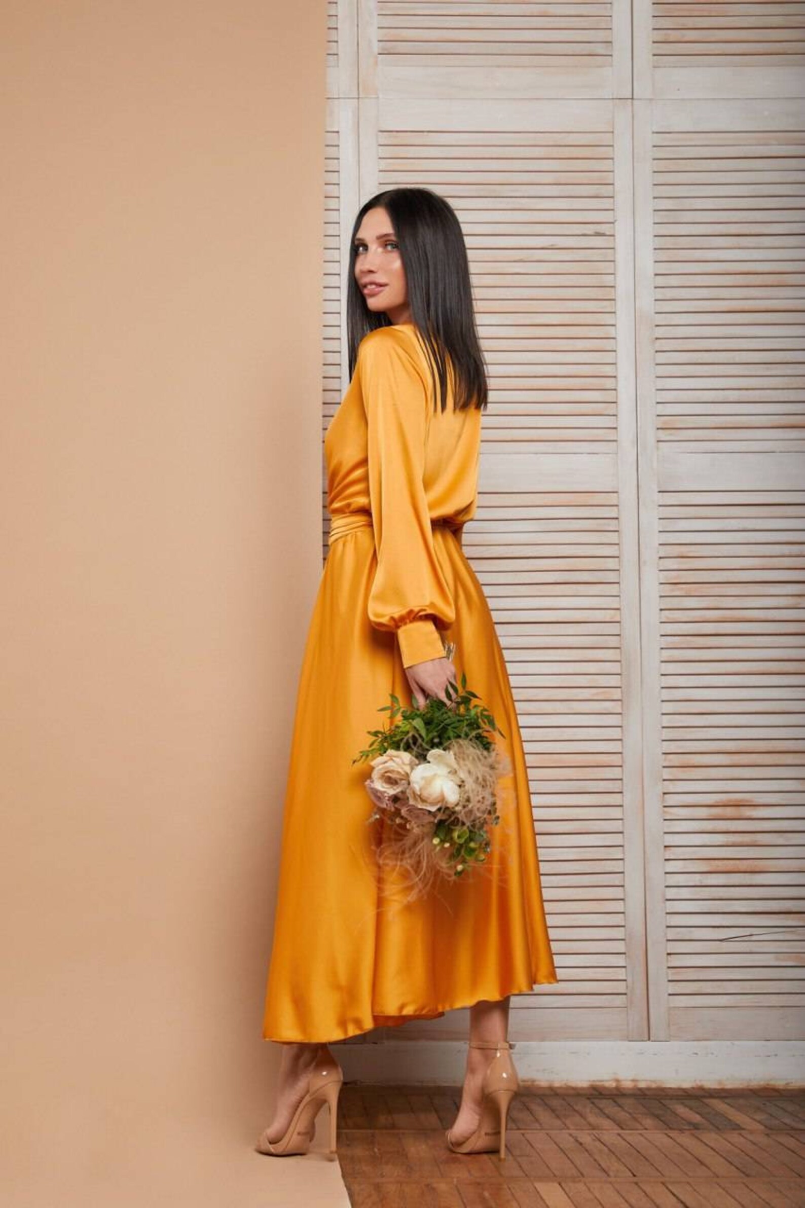 Mustard silk midi wrap dress/wedding guest dress/midi formal | Etsy