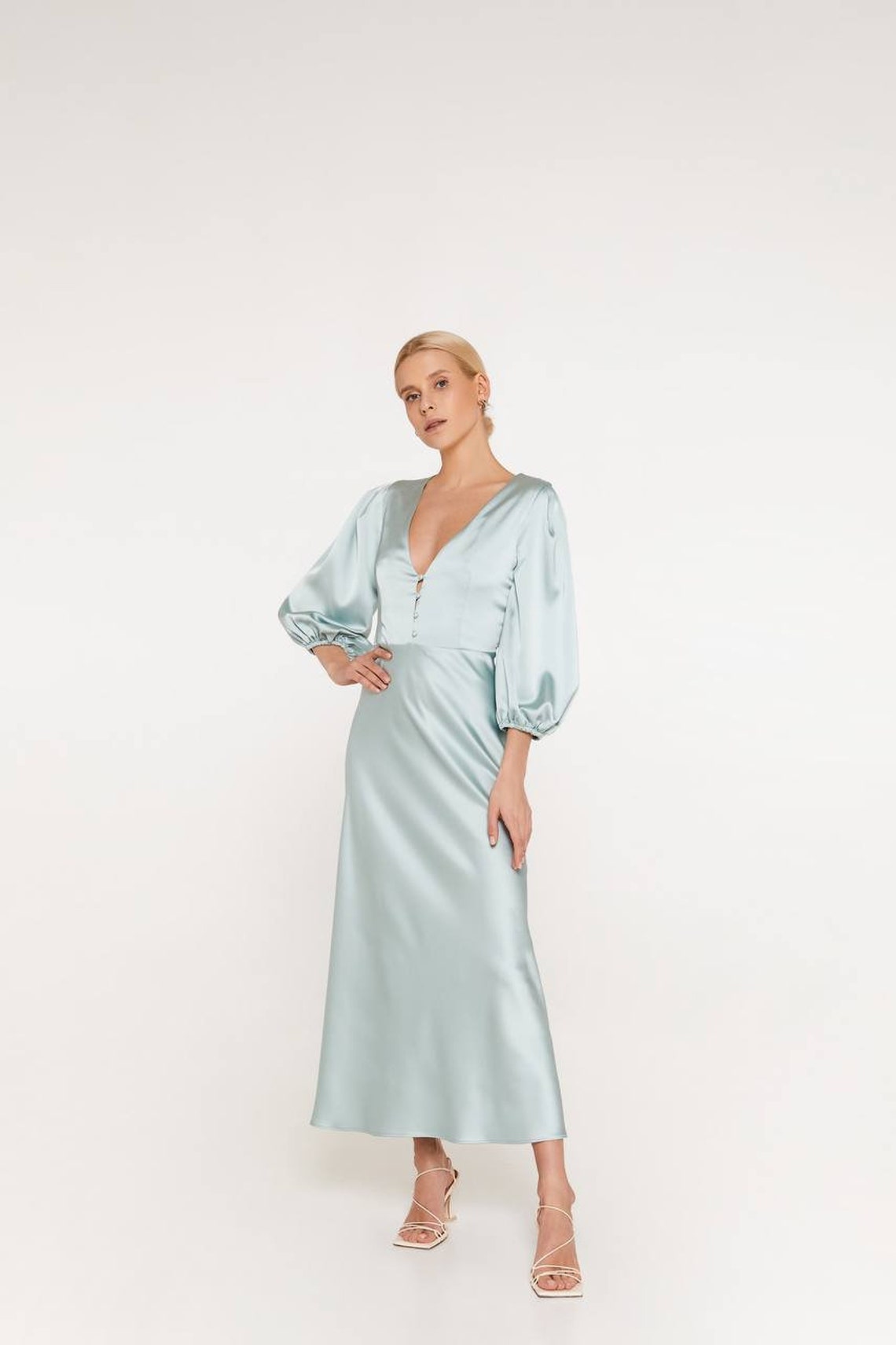 sage satin gown