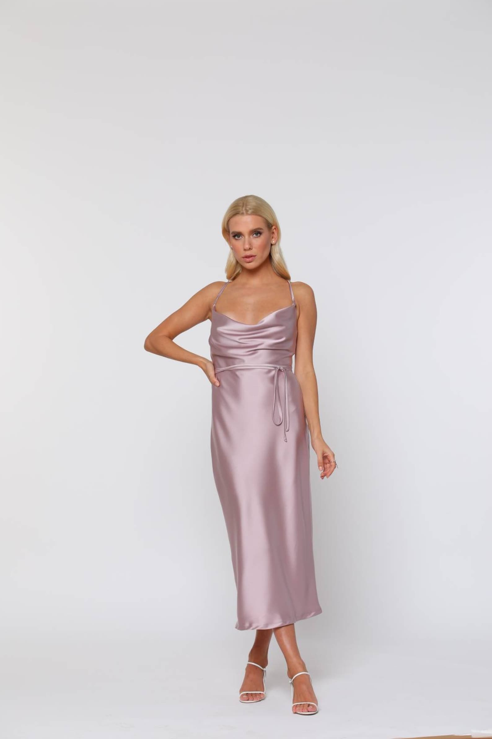 Lilac satin slip dress/cowl neck slip dress/midi slip Etsy