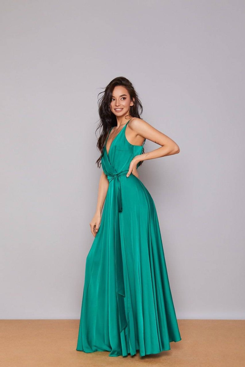 Emerald green silk bridesmaid gown/ silk satin strappy wrap | Etsy