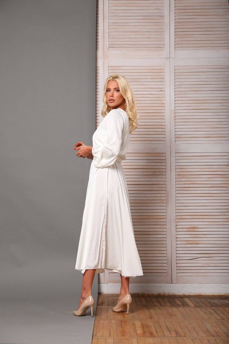 White silk midi wedding dress/long sleeve dress/minimalist | Etsy