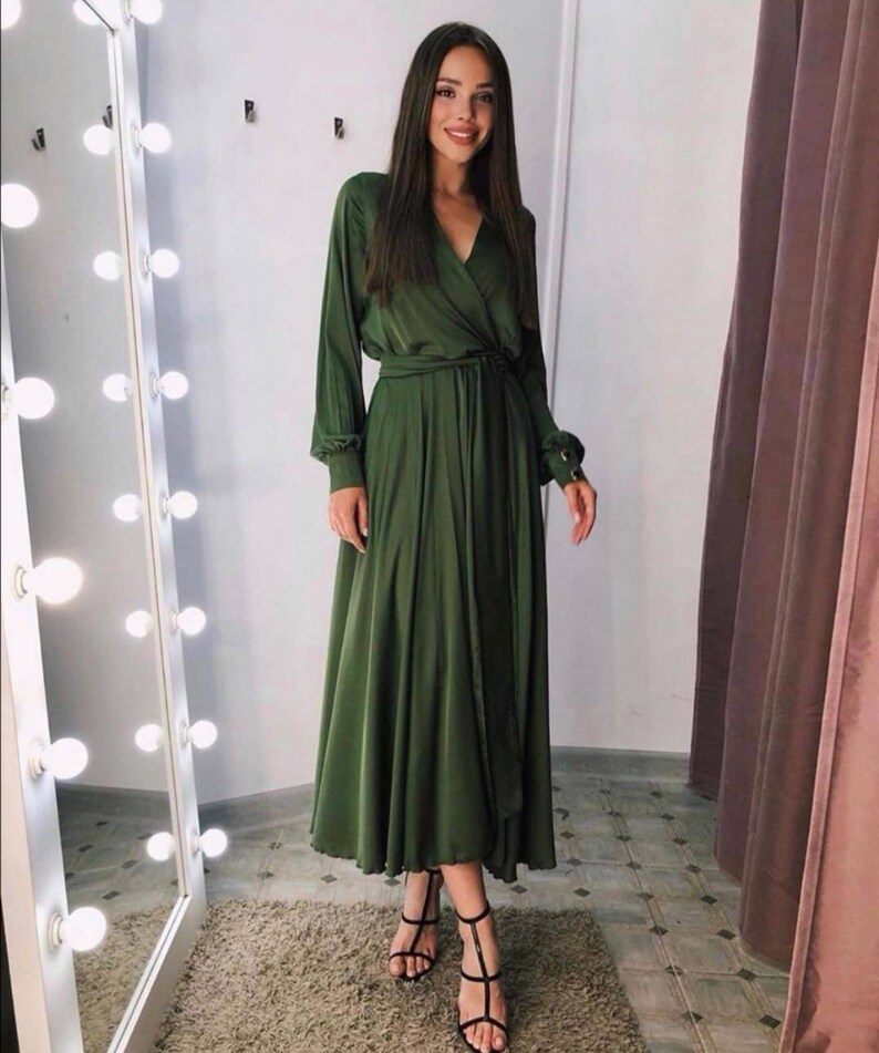 Olive silk midi wrap dress/ wedding guest dress/satin midi | Etsy