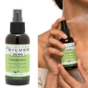 Può includere: Un flacone spray in plastica color ambra scuro contenente 118 ml di argento colloidale Ultra Silver 500 PPM. L'etichetta è verde chiaro con testo nero, presenta il logo Bountico e una piccola grafica a foglia verde sul fondo del flacone.