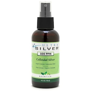 May include: A brown glass bottle with a black spray nozzle and a green label. The label reads "Ultra Silver 500 PPM Colloidal Silver Argent Colloidal / Kolloidales Silber Plata Coloidal / Argento Colloidale Bountico 4 FL. OZ. (118 ml)"