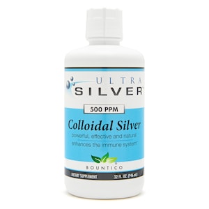 May include: A white plastic bottle of Ultra Silver 500 PPM Colloidal Silver dietary supplement. The bottle is labeled with the product name, strength, and a description of the product's benefits. The bottle is 32 fluid ounces (946 ml).