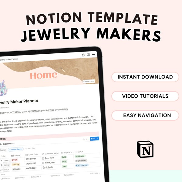 Jewelry Shop Owner Notion Template, Beading Business, Online Boutiques, with Inventory Management and Finance Tracker