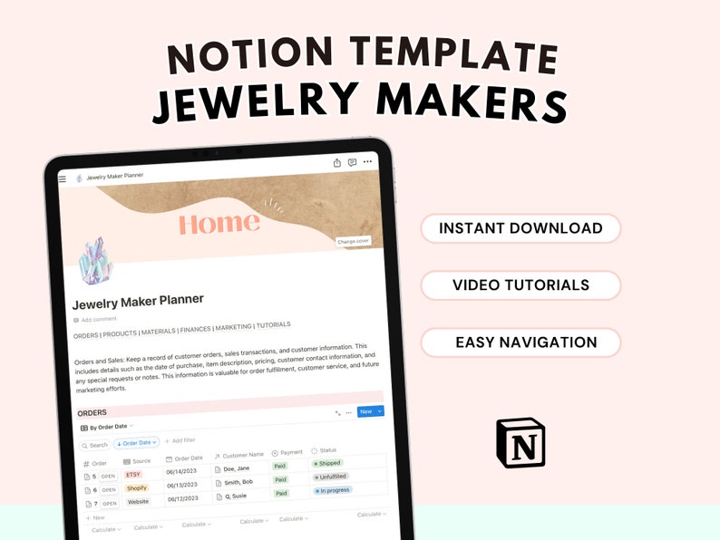 Jewelry Shop Owner Notion Template, Beading Business, Online Boutiques, with Inventory Management and Finance Tracker image 1