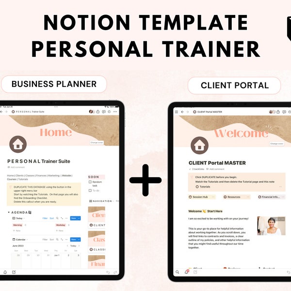 Ensemble de modèles de notion d’entraîneur personnel, tableau de bord de notion pour les entreprises d’entraîneur de fitness, portail client, cours hebdomadaire, planificateur de notion d’entreprise