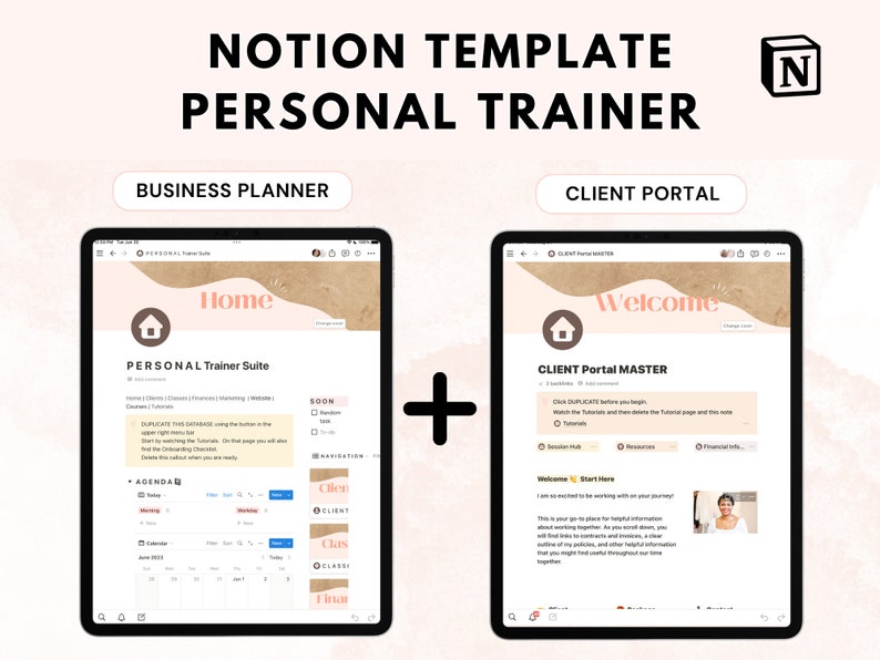 Personal Trainer Notion Template Bundle, Notion Dashboard for Fitness Trainer Business, Client Portal, Weekly Class, Business Notion Planner image 1