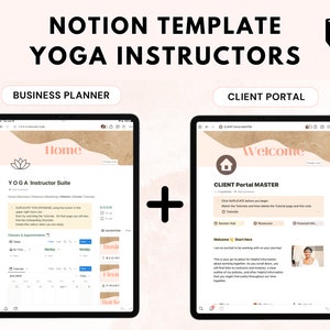 Yoga Instructor Notion Template Bundle, Digital Client Tracker, Weekly Class, Business Finance Spreadsheet, Marketing Social Media Dashboard image 1