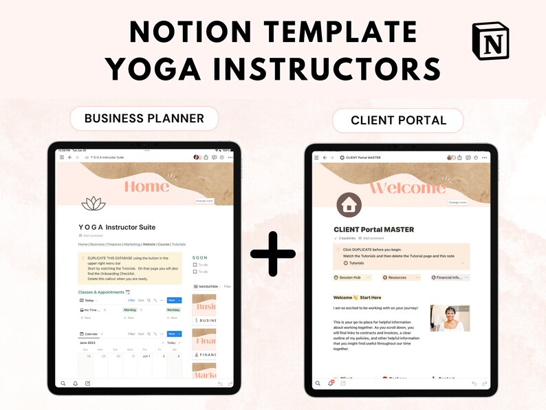 Yoga Instructor Notion Template Bundle, Digital Client Tracker, Weekly Class, Business Finance Spreadsheet, Marketing Social Media Dashboard image 1