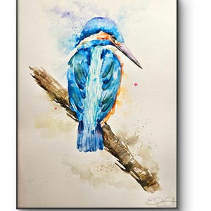 Original Kingfisher Watercolor Painting: Signed Bird Art, A3