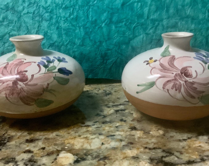 Vintage French Hand Painted Floral Enamel on Pottery Vases Set of 2
